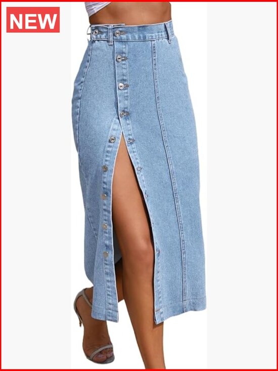Dresses & Skirts - High Waisted Denim Skirt with Button Front and Side Slit Midi Length